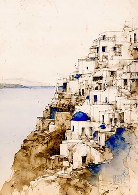 Santorini Greece Watercolor Hillside Painting