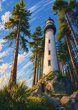 Lighthouse in a Pine Forest