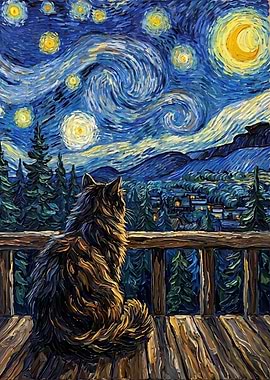 Cat Gazing at Starry Night Sky
