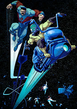 Invincible and Omni-Man in Space Battle