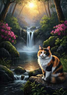 Calico Cat by Waterfall in Rain