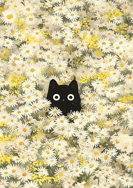 Black Cat Peeking Through Daisies