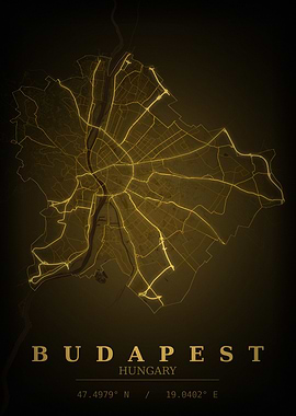 Budapest Gold City Map — Budapest Night Travel Poster