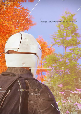 Futuristic Helmeted Figure in Nature
