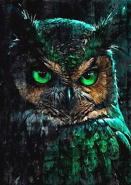 Intense Owl Portrait with Green Eyes
