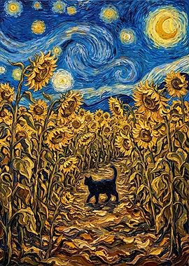 Black Cat in Sunflower Field Under Starry Sky