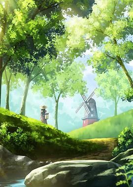Girl walking by a windmill in a forest
