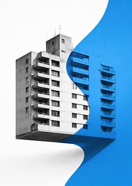 Brutalist Concrete Building with Blue Overlay