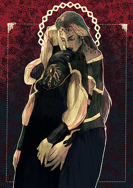 Two figures embracing in a stylized embrace