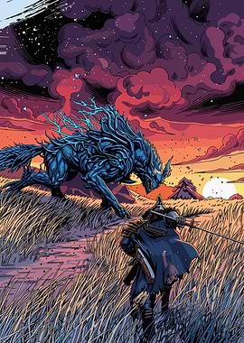 Warrior Confronts Mythical Beast at Sunset