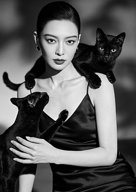 Woman with Black Cats