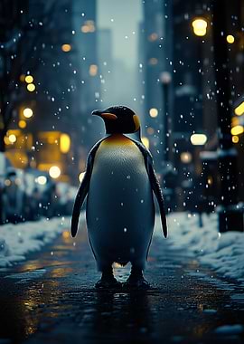 Penguin in a Snowy City