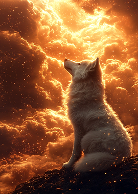 White wolf in fiery clouds