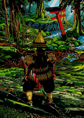 Samurai in a Forest with Torii Gate