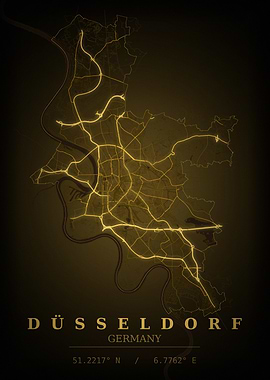 Düsseldorf Gold City Map — Germany Night Travel Poster
