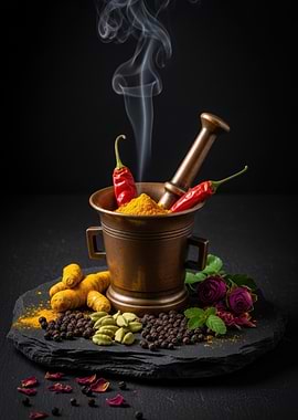 Herbs and Spices in Mortar and Pestle