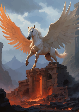 Pegasus over ancient ruins and lava