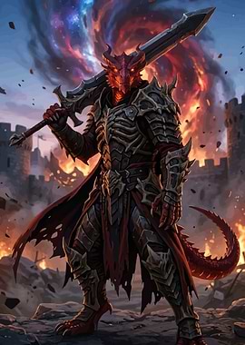 Dragon Warrior in Fiery Landscape