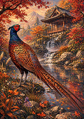 Pheasant by Japanese Waterfall