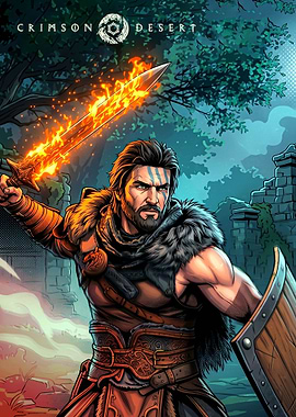 Crimson Desert Warrior with Fiery Sword