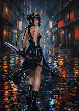 Cyberpunk Demon Girl in Rainy City
