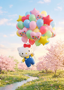 Hello Kitty Floating with Balloons