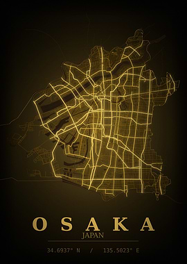 Osaka Gold City Map — Japan Night Travel Poster