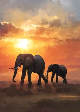 Elephants walking at sunset