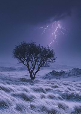 Tree Struck by Lightning in a Stormy Landscape