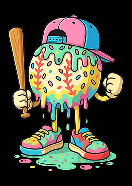 Melting Ice Cream Baseball Poster, Funny Cartoon Sports Art, Playful Street Style Print