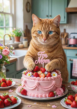 Cat with a 'For Mom' cake