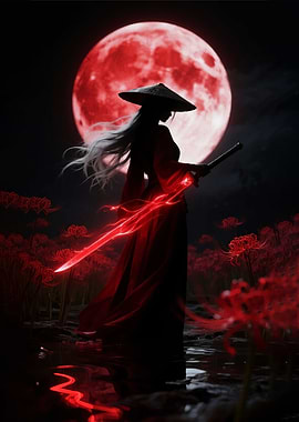 Samurai Woman Under Red Moon