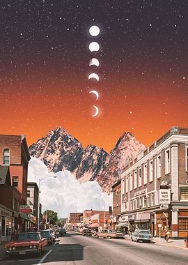 Surreal Streetscape with Moon Phases and Mountains