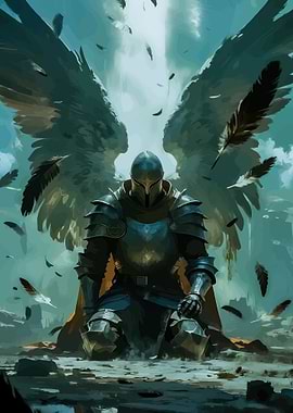 Angelic Knight Kneeling Amidst Falling Feathers