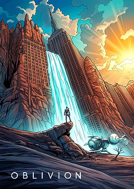 Sci-fi landscape with Empire State Building waterfall