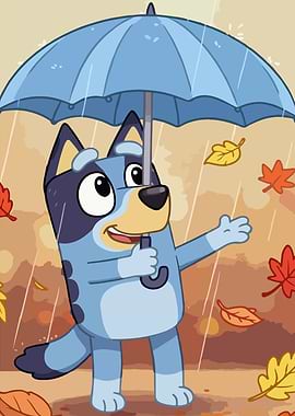 Bluey holding an umbrella in the rain