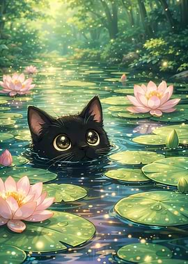 Cute Black Cat in a Lily Pond