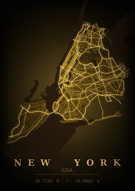 New York Gold City Map — USA Night Travel Poster