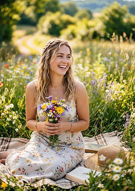 Young Woman in a Floral Dress in a Meadow