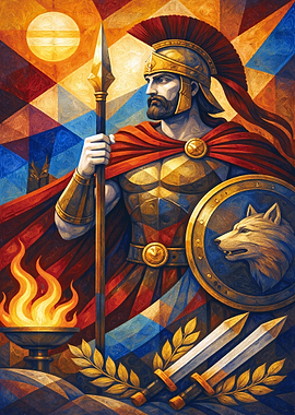 Roman God Mars Spear and Wolf Shield