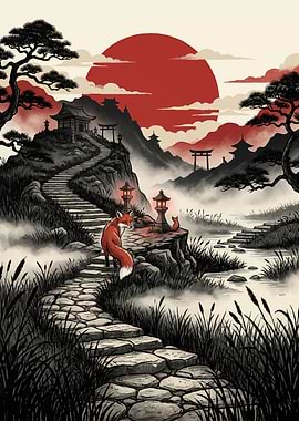 Foxes on a Stone Path in Japan