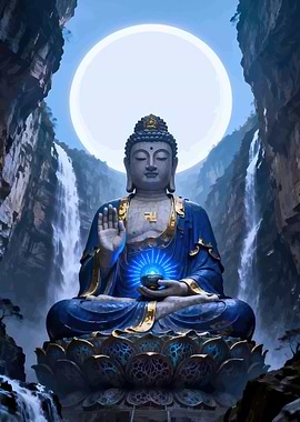 Buddha statue with waterfalls and moon