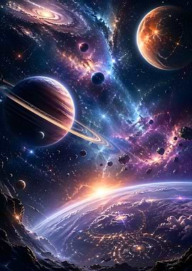 Cosmic Nebula with Planets and Galaxy