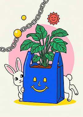 Cute Bunny and Plant in a Bag