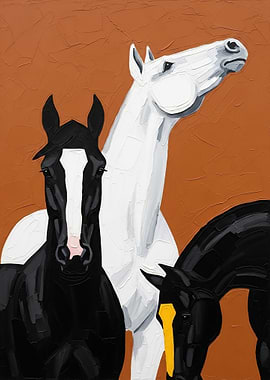 Three Horses on Orange Background