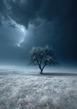 Lone Tree Under Lightning Storm