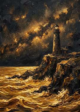 Lighthouse on a rocky coast at night
