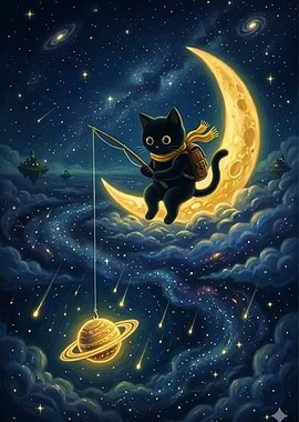 Black Cat Fishing for Saturn on the Moon