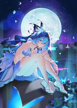 Blue Butterfly Girl Under the Moon