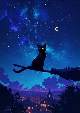 Black Cat on a Broomstick at Night